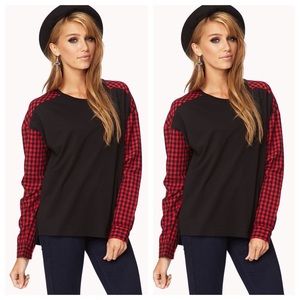 Forever 21 Black Sweatshirt with Black/Red Plaid Sleeves - Small